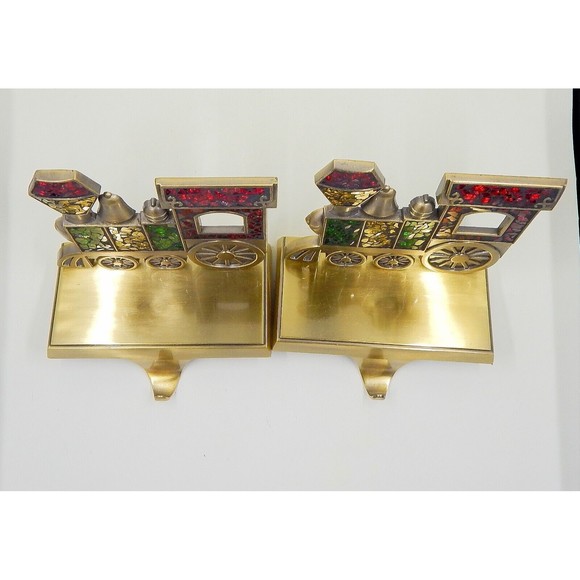 Christmas Stocking Holder Train Glass Mosaic Hanger Brushed Bronze Finish Pair - Picture 8 of 8